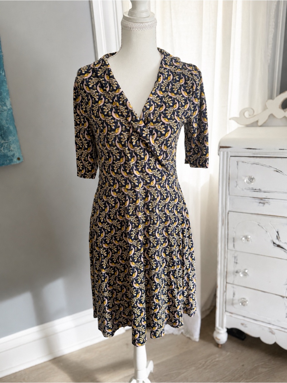 Boden Peacock Print Faux Wrap Dress 8R Navy Pink Mustard Fit Flare 3/4 Sleeve